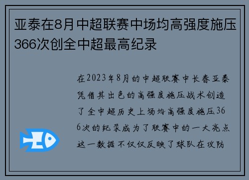 亚泰在8月中超联赛中场均高强度施压366次创全中超最高纪录
